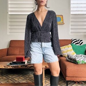 Polka dots pleated v-neck long sleeve blouse